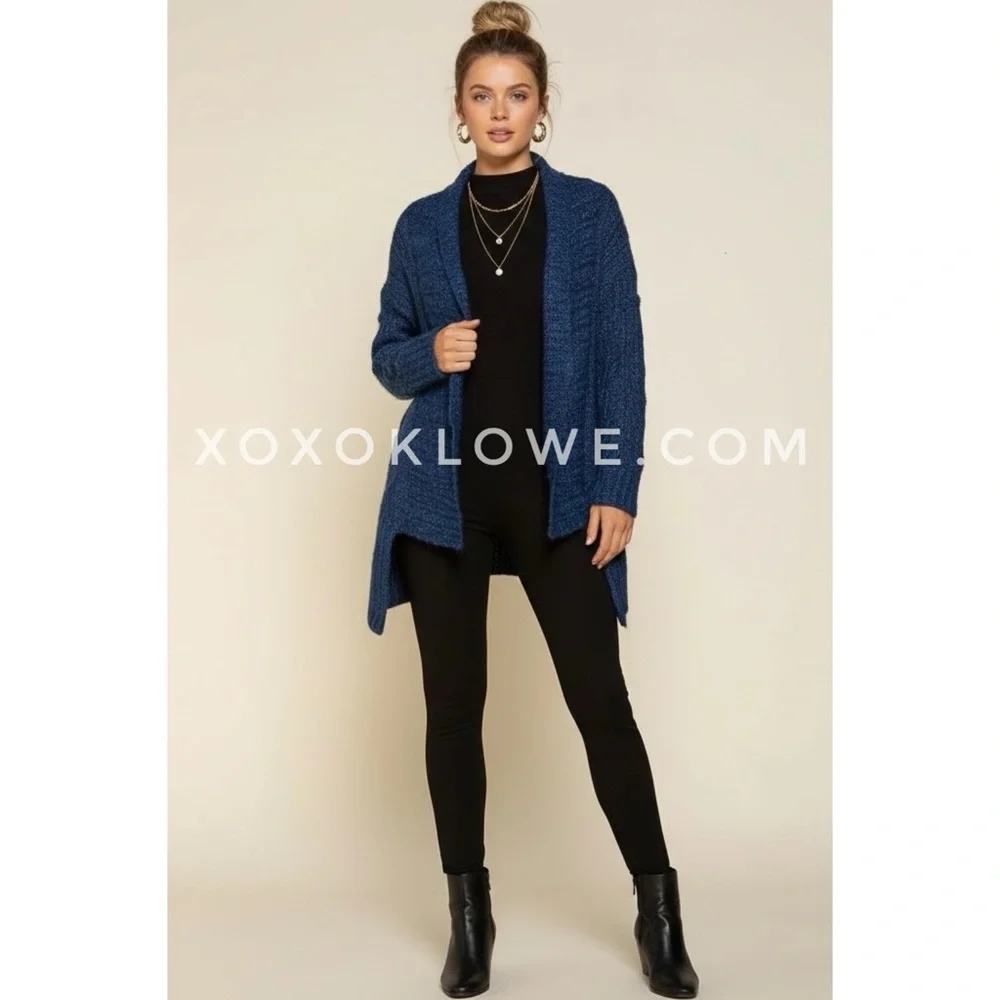 POL Ocean Blue Open Front Cable Knit Cardigan | Relaxed Fit